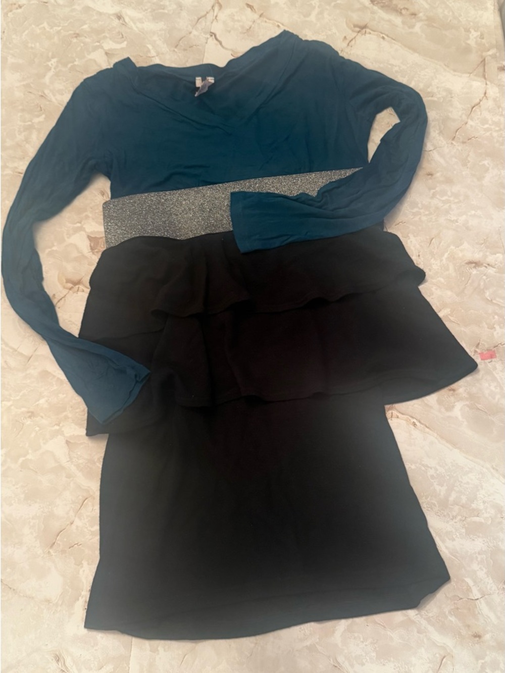 Teal & Black Layered Ruffle Dress with Sparkle Waistband